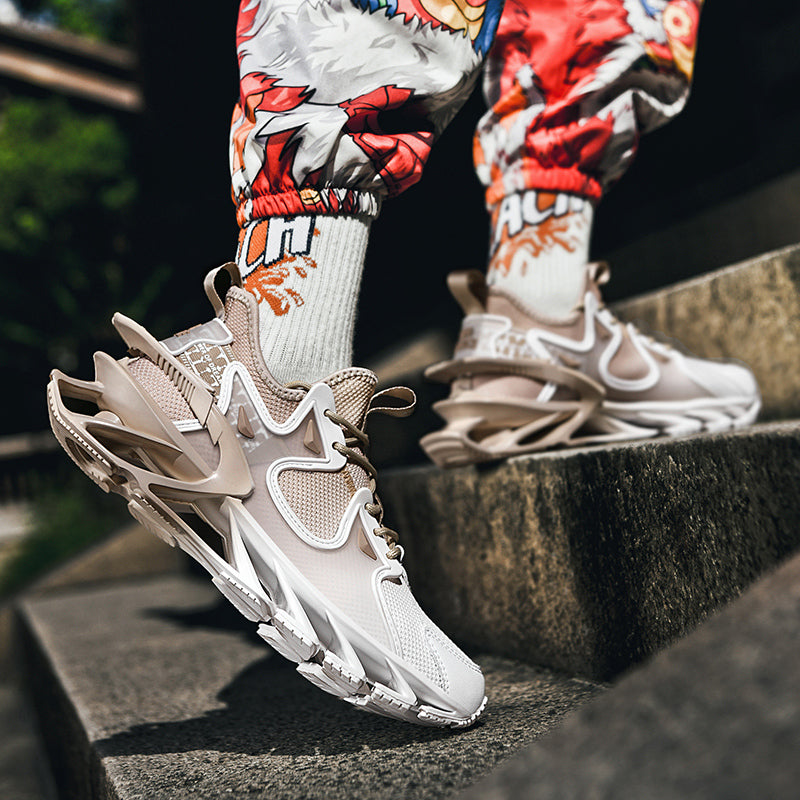 Beige sneakers with unique design on a concrete surface