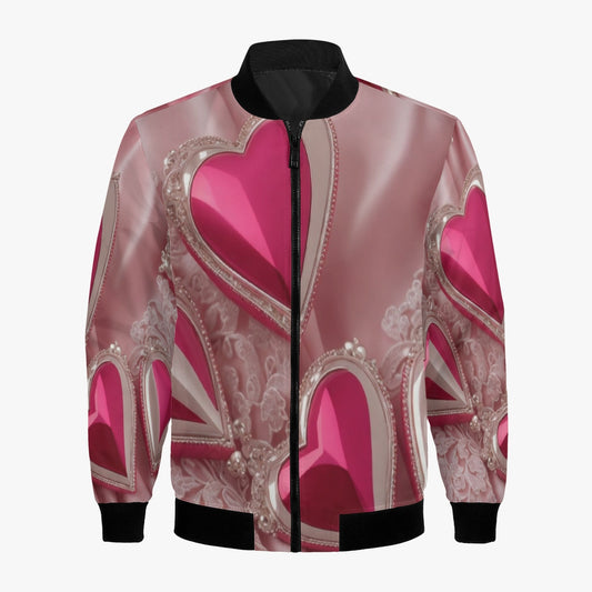 Red Hearts on Pink Satin Print 5 Women’s Bomber Jacket