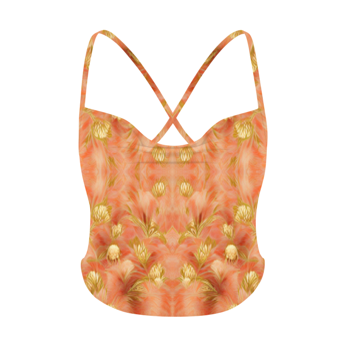 cami, top, MOQ1, Free Shipping, Wholesale Prices Available.  This Golden Peony Print Women's Curved Hem Cami Top features a 3D CGI art design for a unique and distinct look. Every art design is a wearable art piece, and can also be acquired as an NFT with very limited availability. NFT information can be found in the collection description. Enjoy a one-of-a-kind look and the potential of future value growth