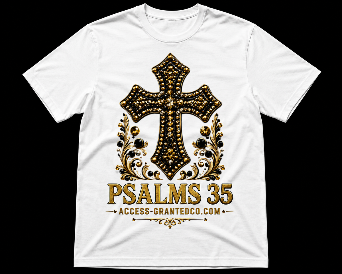 Psalms 35 black and gold cross graphic on white Christian T-shirt