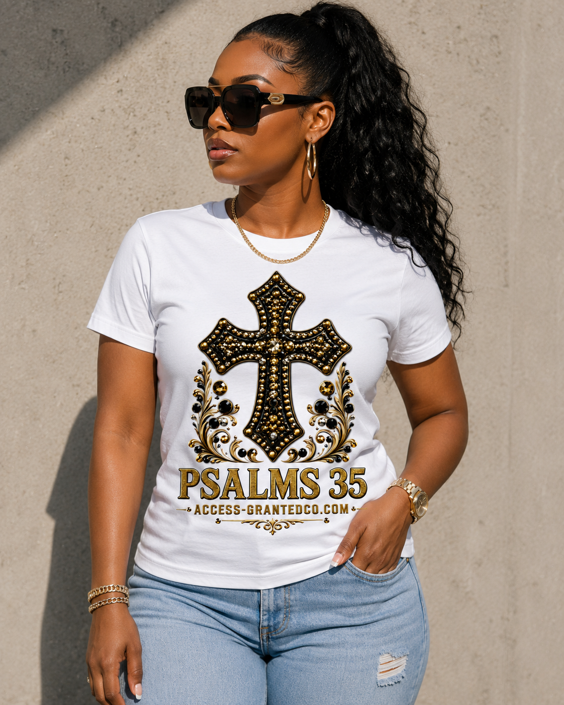 Psalms 35 black and gold cross Christian graphic T-shirt