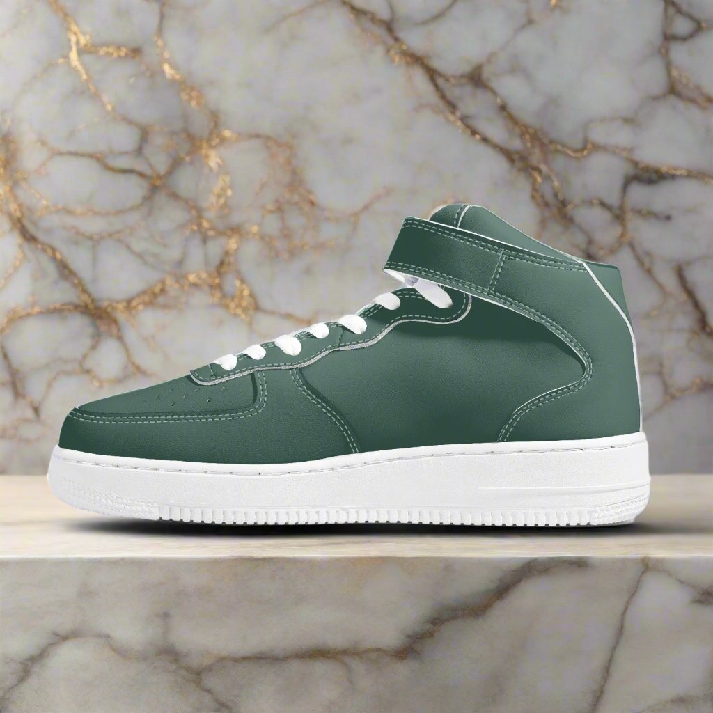 Elevate your sneaker game with our Classic Money Green Leather Sports Sneakers. Designed for both men and women, these high-top kicks provide superior ankle support and durability thanks to the premium leather and hook-and-loop closure. Enjoy comfort and traction with the soft padded insoles and EVA outsole. From the Detroit D's Collection.