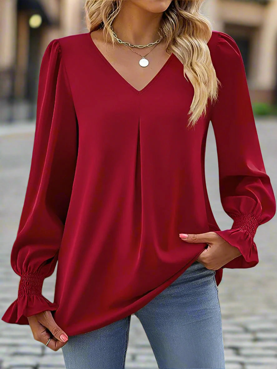 Elevate your wardrobe with our exclusive long-sleeved chiffon V-neck pullover top from our Black Friday Christmas Bundle. Made from luxurious 95% Polyester, 5% Elastane/Spandex, this top offers a comfortable fit and a chic self design pattern. Perfect for the autumn-winter season, this woven top is true to size and exudes a refined leisure style. Bundle and save with our 4 for $100 mix and match deal.