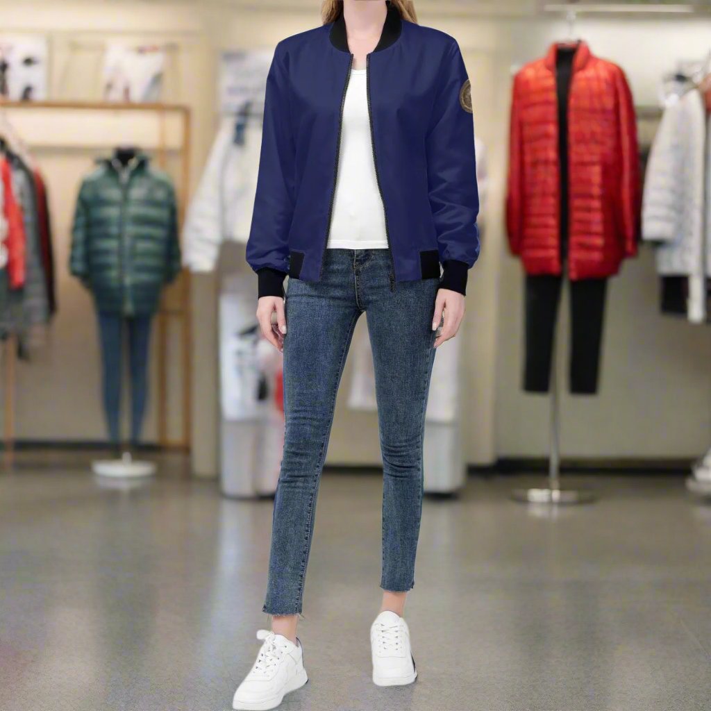 Indulge in our Classic Royal Blue Women's Bomber Jacket, handmade with a premium polyester blend and soft lining for ultimate comfort. Durable reinforced cuffs and waist, with two roomy pockets for convenience. This classic zipper-up jacket exudes sophistication and elegance. Machine washable for easy care.