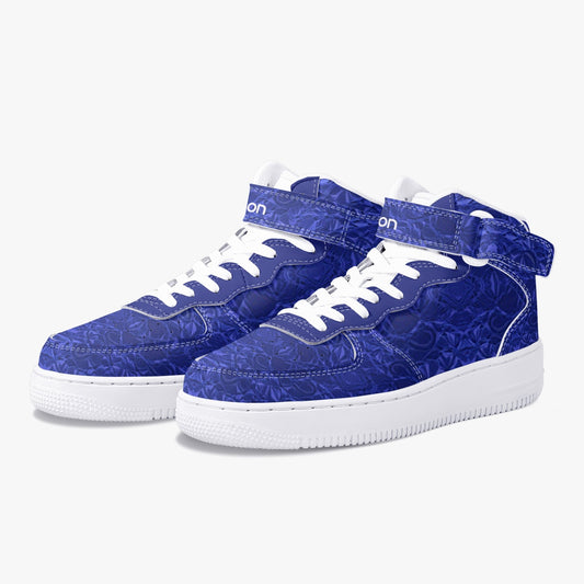 Experience the ultimate in performance and style with our Sapphire Blue #360 Print AF1 High-Top Leather Sports Sneakers. The premium leather upper provides durability while the mesh lining construction keeps your feet cool and dry. The high-profile ankle support and hook-and-loop closure ensure a secure fit. And with soft EVA padded insoles and an EVA outsole for traction and durability, these sneakers are perfect for any sport or activity.