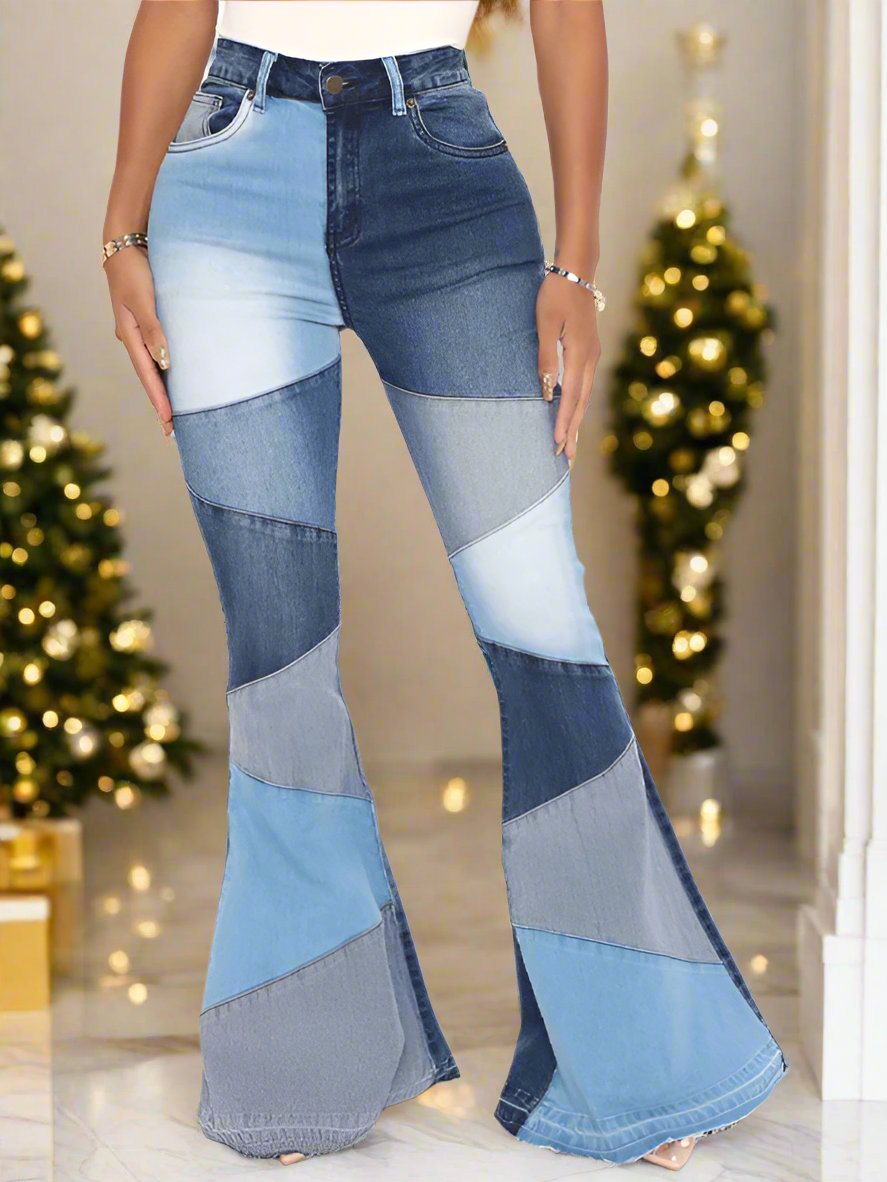 Elevate your wardrobe with our Women's color spliced street washed flared jeans Black Friday Christmas Bundle 4 For $100. Made with soft, easy to care material, these jeans are perfect for any occasion. Featuring a high waist and self-designed pattern, these jeans offer both fashion and comfort. Mix and match with our exclusive bundle offer and make a statement wherever you go.