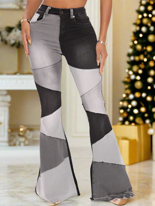 Elevate your wardrobe with our Women's color spliced street washed flared jeans Black Friday Christmas Bundle 4 For $100. Made with soft, easy to care material, these jeans are perfect for any occasion. Featuring a high waist and self-designed pattern, these jeans offer both fashion and comfort. Mix and match with our exclusive bundle offer and make a statement wherever you go.