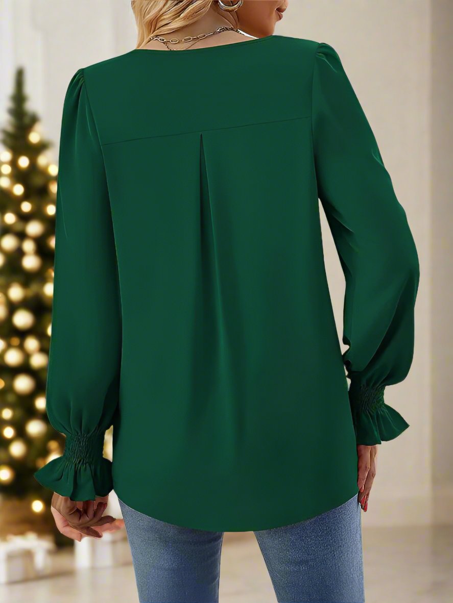 Elevate your wardrobe with our exclusive long-sleeved chiffon V-neck pullover top from our Black Friday Christmas Bundle. Made from luxurious 95% Polyester, 5% Elastane/Spandex, this top offers a comfortable fit and a chic self design pattern. Perfect for the autumn-winter season, this woven top is true to size and exudes a refined leisure style. Bundle and save with our 4 for $100 mix and match deal.