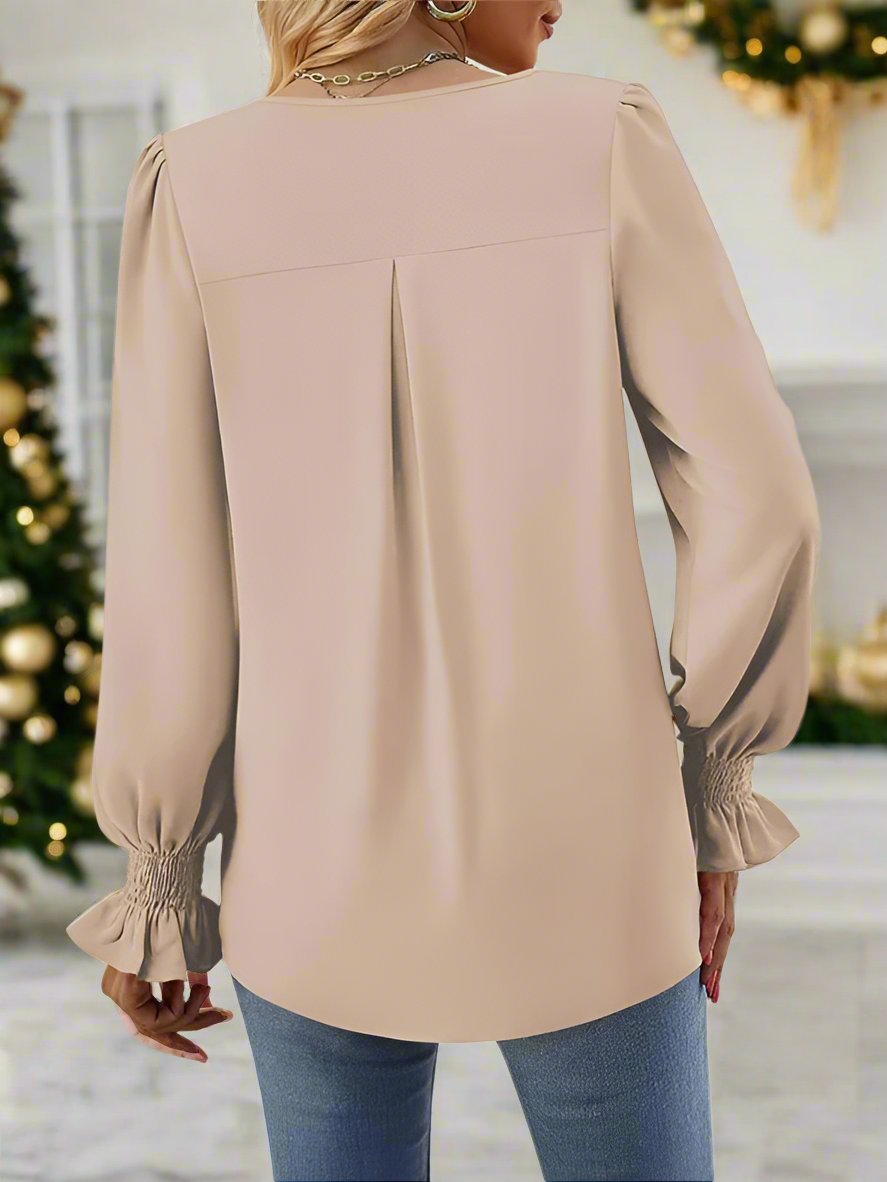 Elevate your wardrobe with our exclusive long-sleeved chiffon V-neck pullover top from our Black Friday Christmas Bundle. Made from luxurious 95% Polyester, 5% Elastane/Spandex, this top offers a comfortable fit and a chic self design pattern. Perfect for the autumn-winter season, this woven top is true to size and exudes a refined leisure style. Bundle and save with our 4 for $100 mix and match deal.