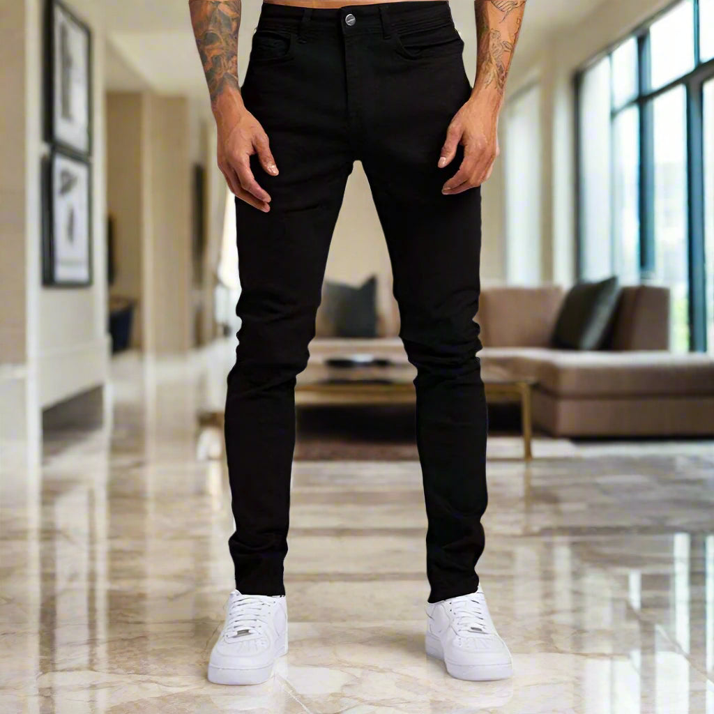 Indulge in luxury with our Men's Slim Fit Basic Skinny Jeans, part of our exclusive Black Friday Christmas Bundle 4 For $100 collection. Made from a blend of 95% Polyester and 5% Elastane, these jeans offer a comfortable and stylish fit, perfect for any occasion. The mid-waist design and moderate elasticity make them suitable for all four seasons. The woven fabric is wrinkle-resistant and durable, while the welt pocket adds a touch of sophistication. Upgrade your wardrobe with this premium bundle deal.
