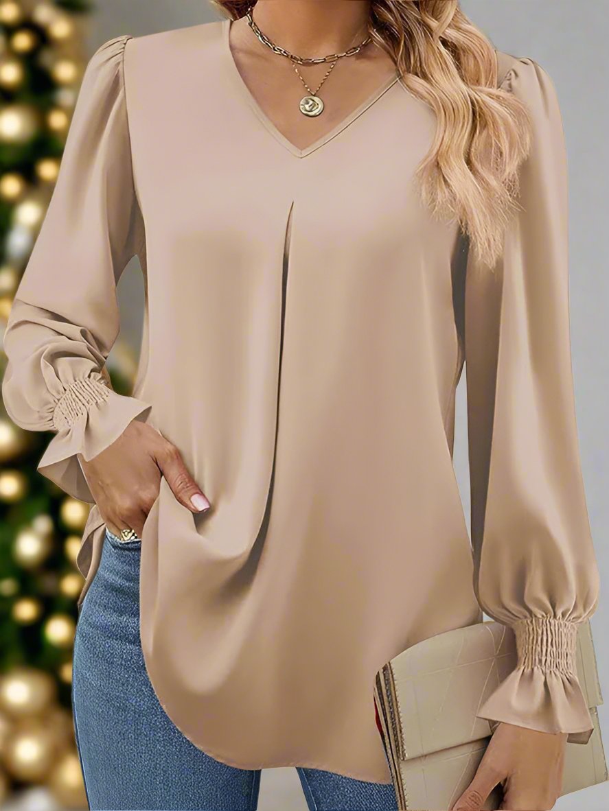 Elevate your wardrobe with our exclusive long-sleeved chiffon V-neck pullover top from our Black Friday Christmas Bundle. Made from luxurious 95% Polyester, 5% Elastane/Spandex, this top offers a comfortable fit and a chic self design pattern. Perfect for the autumn-winter season, this woven top is true to size and exudes a refined leisure style. Bundle and save with our 4 for $100 mix and match deal.