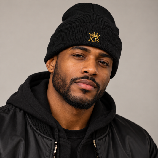 Model wearing the Kick Bling black crown logo beanie