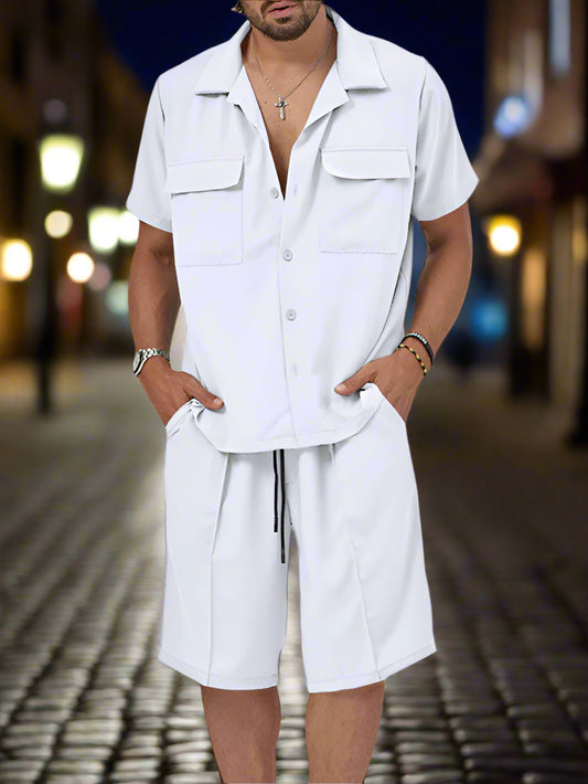 This elegant two-piece set features a lapel casual shirt with a versatile collar that can be styled up or down, paired with matching shorts designed for comfort in warm weather. Perfectly coordinated, the set offers a complete outfit that blends effortless style with practicality, ideal for casual occasions where refined simplicity is key. Enjoy the ease of a thoughtfully matched ensemble that elevates your everyday look.