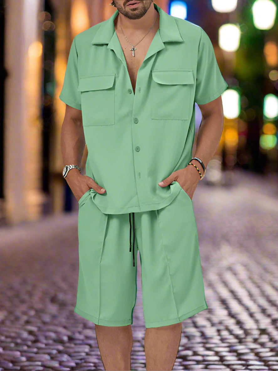 This elegant two-piece set features a lapel casual shirt with a versatile collar that can be styled up or down, paired with matching shorts designed for comfort in warm weather. Perfectly coordinated, the set offers a complete outfit that blends effortless style with practicality, ideal for casual occasions where refined simplicity is key. Enjoy the ease of a thoughtfully matched ensemble that elevates your everyday look.