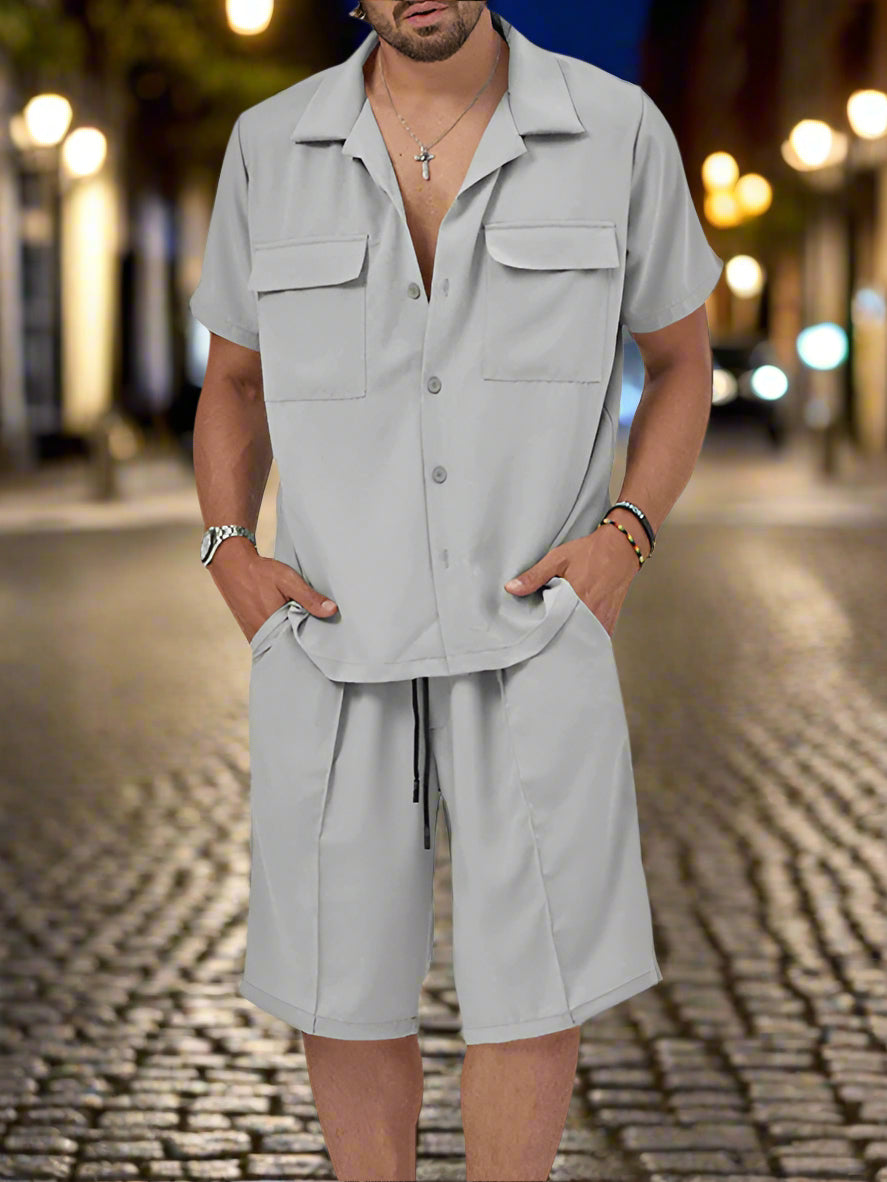 This elegant two-piece set features a lapel casual shirt with a versatile collar that can be styled up or down, paired with matching shorts designed for comfort in warm weather. Perfectly coordinated, the set offers a complete outfit that blends effortless style with practicality, ideal for casual occasions where refined simplicity is key. Enjoy the ease of a thoughtfully matched ensemble that elevates your everyday look.