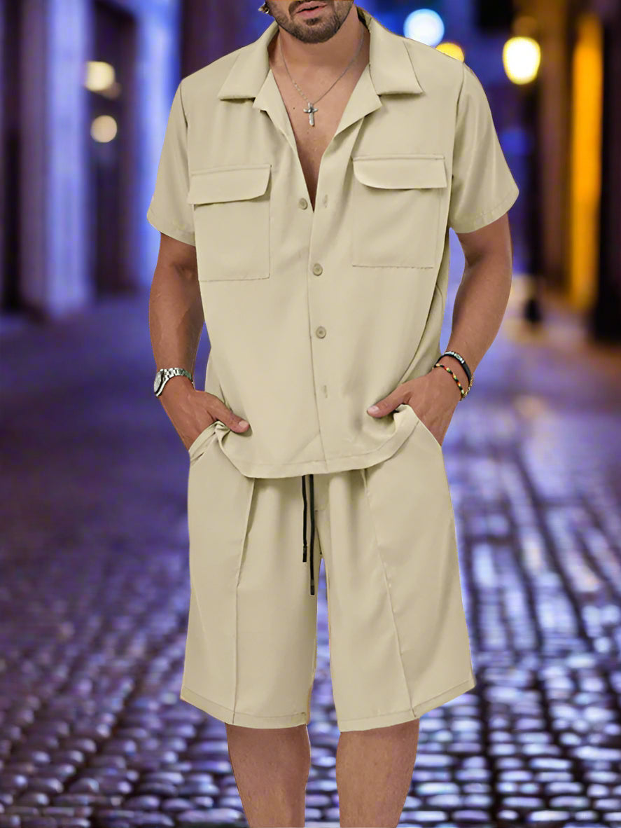 This elegant two-piece set features a lapel casual shirt with a versatile collar that can be styled up or down, paired with matching shorts designed for comfort in warm weather. Perfectly coordinated, the set offers a complete outfit that blends effortless style with practicality, ideal for casual occasions where refined simplicity is key. Enjoy the ease of a thoughtfully matched ensemble that elevates your everyday look.