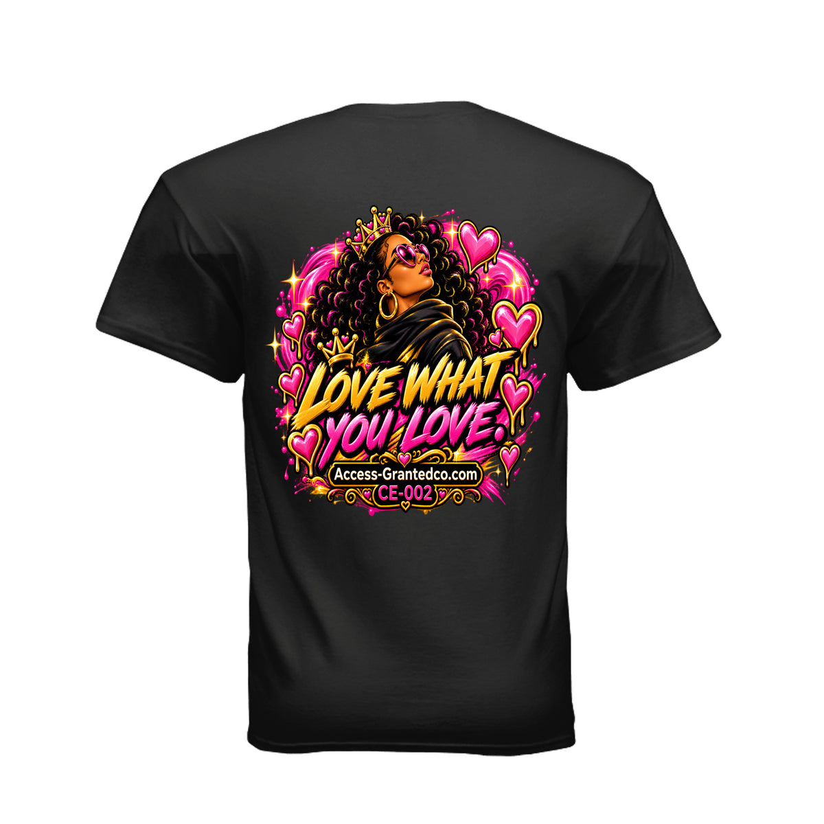 Kick Bling CE-002 Heart Eyes graphic T-shirt, black back view with storyline artwork and CE-002