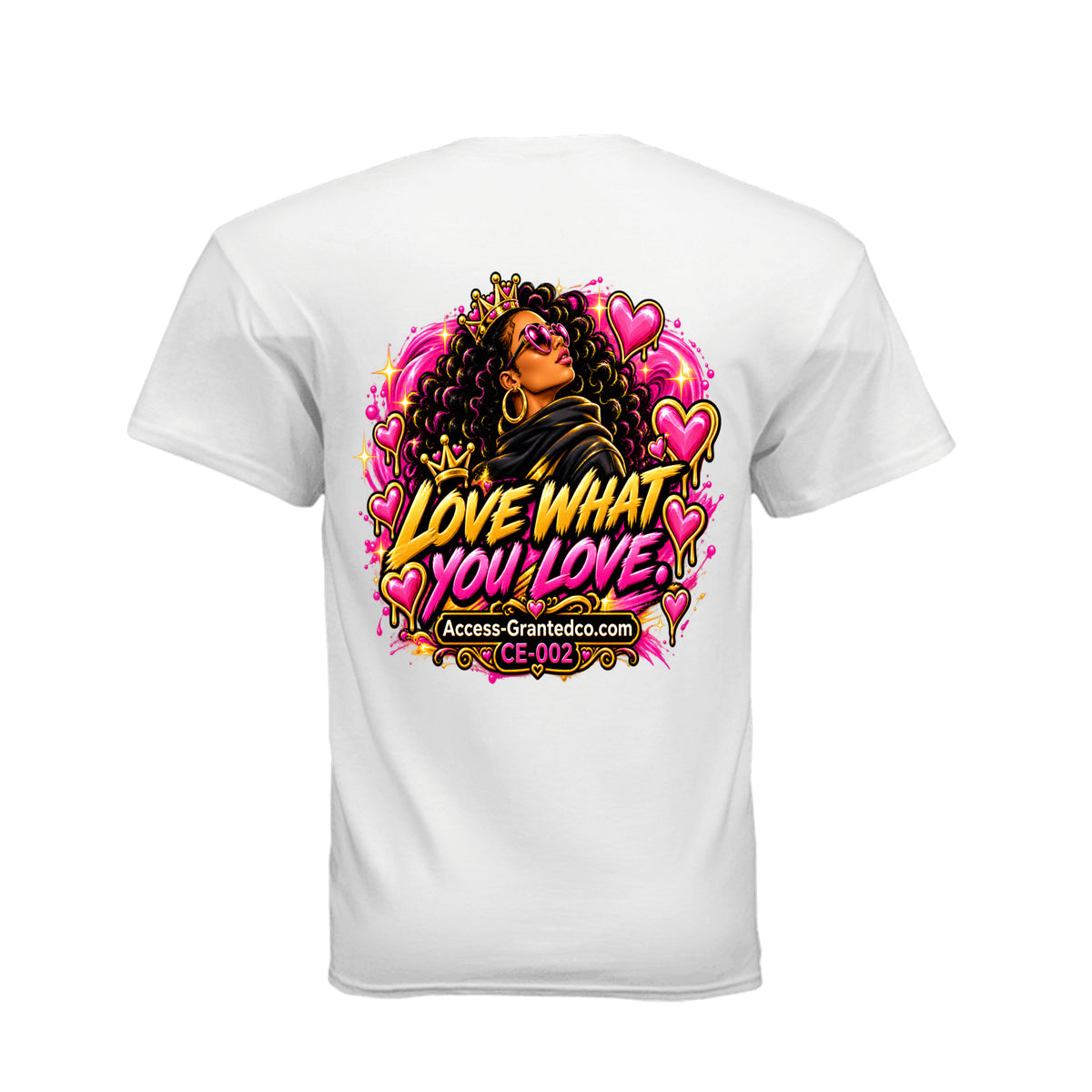 Kick Bling CE-002 Heart Eyes graphic T-shirt, white back view with storyline artwork and CE-002
