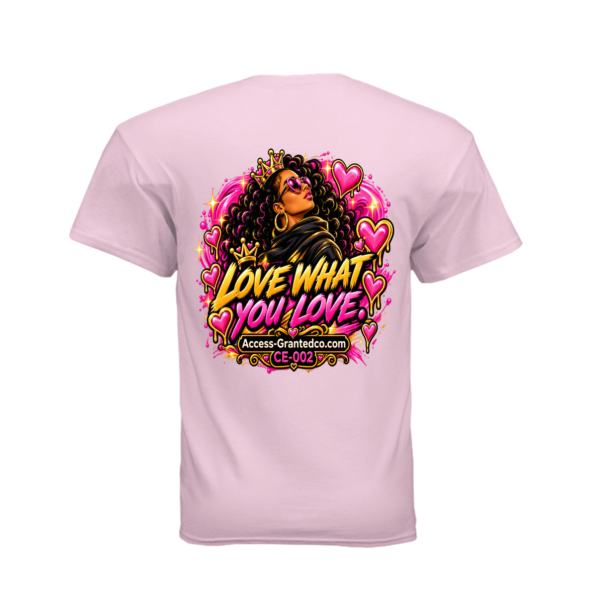Kick Bling CE-002 Heart Eyes graphic T-shirt, light pink back view with storyline artwork and CE-002