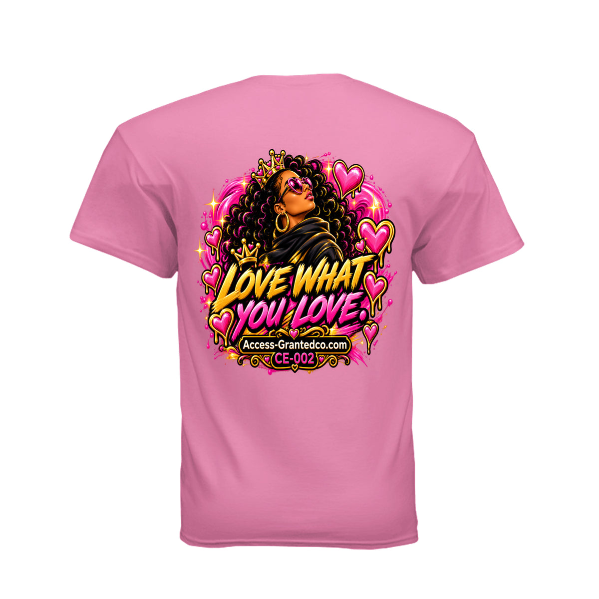 Kick Bling CE-002 Heart Eyes graphic T-shirt, azalea back view with storyline artwork and CE-002