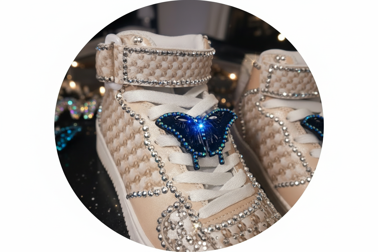  Butterfly Bling is the shoe charm that keeps collectors coming back. Each iridescent design sparkles with peacock blue rhinestones that shift and shimmer with every step—making it the perfect tradable collectible. Build your charm collection, swap with friends, or hunt for rare variations. Crafted with non-toxic glue and durable 2-3mm rhinestones, it measures 2.5" wide by 2" long. Available fully blinged or plain, with separate bling kits to customize your style. Start your collection today.