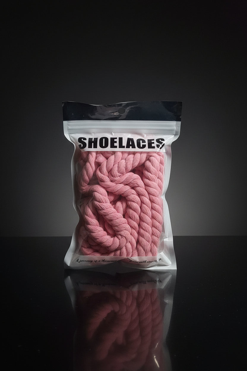 Pink shoelaces in a clear plastic bag with black text on a reflective black surface and background.