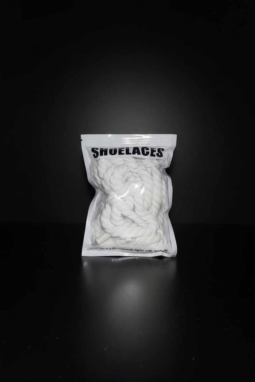 Bag of white shoelaces with branding on a black background
