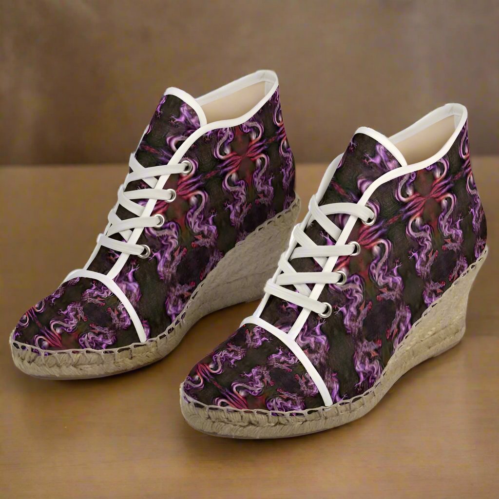 The Dragon Spirit 9-1-22 Modified Ladies Wedge Espadrilles feature my unique designs printed onto a canvas body for a stylish statement. With a non-slip rubber sole and natural jute platform, these handmade espadrilles offer both fashion and function. Elevate your style with the trendy wedge heel design.